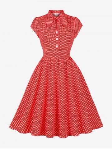 Polka Dot Print Buttons Bowknot Collar Vintage Dress - RED - S