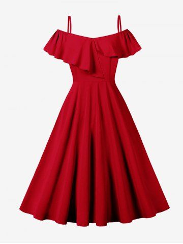 Solid Color Asymmetrical Turn Down Collar Zipper Cold Shoulder Vintage Dress - RED - S