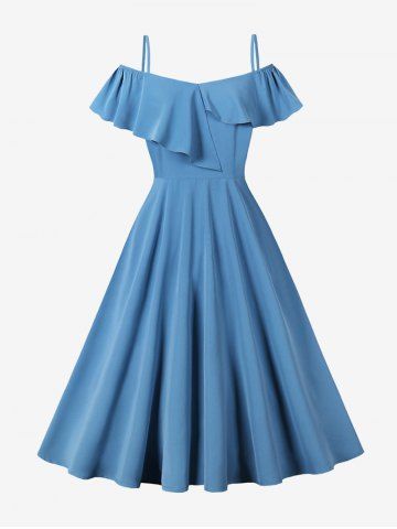 Solid Color Asymmetrical Turn Down Collar Zipper Cold Shoulder Vintage Dress - BLUE - M