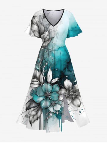Plus Size Flower Leaf Ombre Colorblock Paint Drop Print Split Hawaii Midi Dress - GREEN - 3X