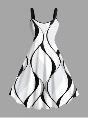 Plus Size Curve Wave Pattern Light Beam Print Hawaii Tank Dress - WHITE - 1X