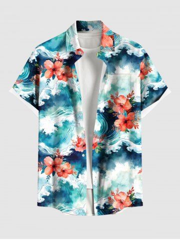 Plus Size Floral Ombre Sea Waves Print Hawaii Button Pocket Shirt For Men - LIGHT BLUE - 5XL