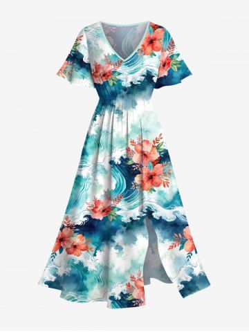 Plus Size Floral Ombre Sea Waves Print Hawaii Split Pocket A Line Midi Dress - LIGHT BLUE - 4X