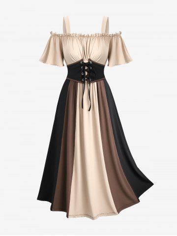 Plus Size Cold Shoulder Ruched Ruffles Colorblock Patchwork Lace Up Belted Vintage Corset A Line Dress - APRICOT - 3X | US 22-24