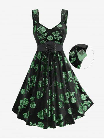 Plus Size Glitter Rose Flower Gilding Lace Up Pocket A Line Velvet Tank Cottagecore Dress - DEEP GREEN - 5X | US 30-32