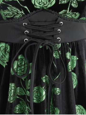 Plus Size Glitter Rose Flower Gilding Lace Up Pocket A Line Velvet Tank Cottagecore Dress