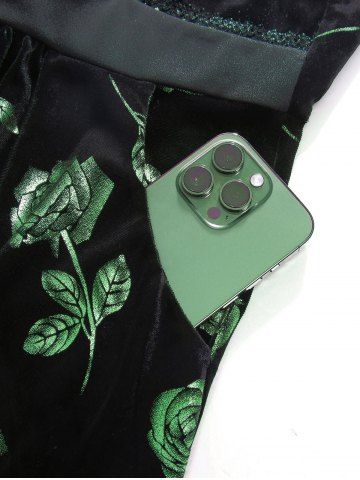 Plus Size Glitter Rose Flower Gilding Lace Up Pocket A Line Velvet Tank Cottagecore Dress