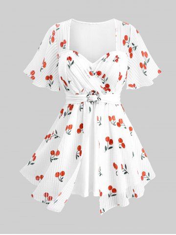 Plus Size Cherry Fruit Waffle Plaid Print Buckle Crisscross Ruched Blouse - WHITE - 3X | US 22-24