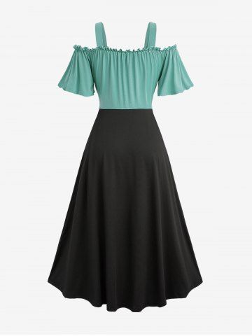 Plus Size Medieval Renaissance Cold Shoulder Ruched Ruffles Colorblock Lace Up Belted Vintage Corset A Line Dress