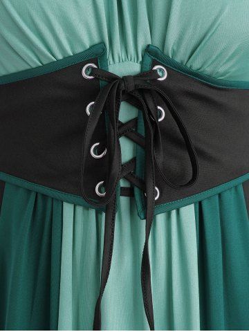 Plus Size Medieval Renaissance Cold Shoulder Ruched Ruffles Colorblock Lace Up Belted Vintage Corset A Line Dress