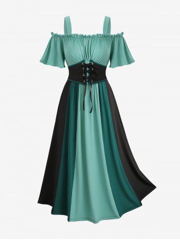 Plus Size Cold Shoulder Ruched Ruffles Colorblock Patchwork Lace Up Belted Vintage Corset A Line Dress - DEEP GREEN - 5X | US 30-32