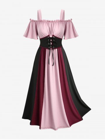 Plus Size Medieval Renaissance Cold Shoulder Ruched Ruffles Colorblock Lace Up Belted Vintage Corset A Line Dress - DEEP RED - 1X | US 14-16