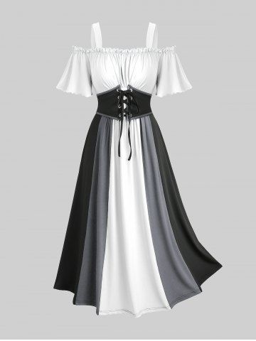 Plus Size Cold Shoulder Ruched Ruffles Colorblock Patchwork Lace Up Belted Vintage Corset A Line Dress - BLACK - 3X | US 22-24