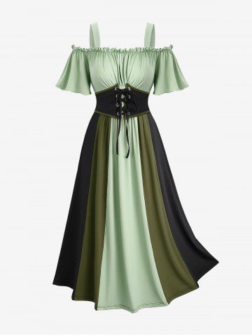 Plus Size Cold Shoulder Ruched Ruffles Colorblock Patchwork Lace Up Belted Vintage Corset A Line Dress - LIGHT GREEN - 4X | US 26-28