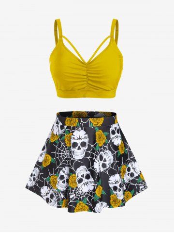 Plus Size Gothic Rose Skulls Printed Ruched Padded Tankini Set Swimsuit - YELLOW - L | US 12