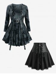 Rose Flower Flocking Tie Dye PU Strap Top and Scalloped Cross Zipper Lace-up Skirt Plus Size Outfit -  