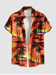 Plus Size Coconut Tree Floral Sea Beach Print Hawaii Button Pocket Shirt For Men -  