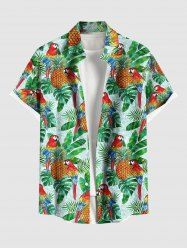 Plus Size Tropical Leaves Pineapple Parrot Print Hawaii Button Pocket Shirt For Men -  