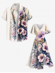 Hibiscus Flowers Leaf Print Plus Size Matching Hawaii Beach Outfit For Couples -  