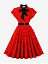 Polka Dot Print Buttons Tie Bowknot Flatter Sleeves Vintage Dress With Belt -  