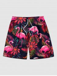 Short de Plage Hawaïen Flamant et Feuille Tropicale Imprimés de Grande Taille pour Homme - Rouge 7XL