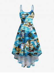 Plus Size Sharks Sea Waves Ship Flowers Coconut Tree Print High Low Hawaii Cami Dress -  