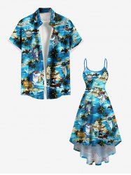 Sharks Sea Waves Ship Flowers Coconut Tree Print Plus Size Matching Hawaii Beach Outfit For Couples -  