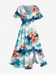 Plus Size Floral Ombre Sea Waves Print Hawaii Split Pocket A Line Midi Dress -  