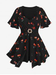 Chemisier Croisé Bouclé Fruit Imprimé à Carreaux de Grande Taille à Volants - Noir 2X | US 18-20