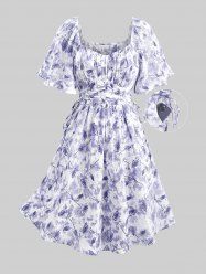 Plus Size Tie Dye Flowers Leaf Print Ruched Cinched Pockets Milkmaid Dress -  