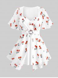 Plus Size Cherry Fruit Waffle Plaid Print Buckle Crisscross Ruched Blouse -  