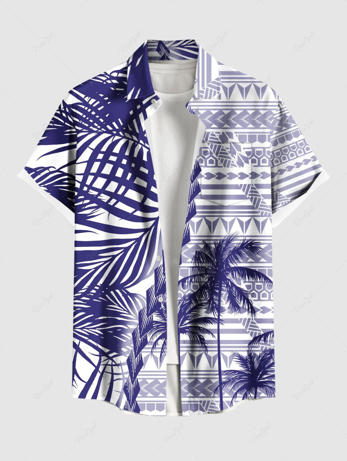 Shops Plus Size Coconut Tree Tropical Leaf Print Buttons Pocket Hawaii Shirt For Men  