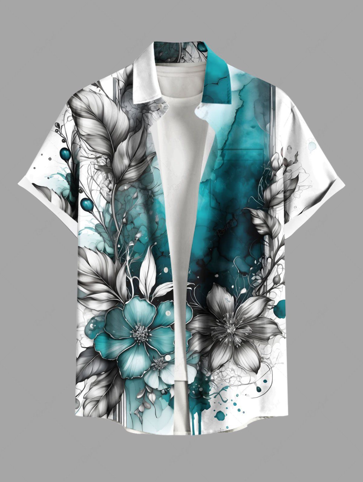 Shop Plus Size Flower Leaf Ombre Colorblock Paint Drop Print Buttons Pocket Hawaii Shirt For Men  