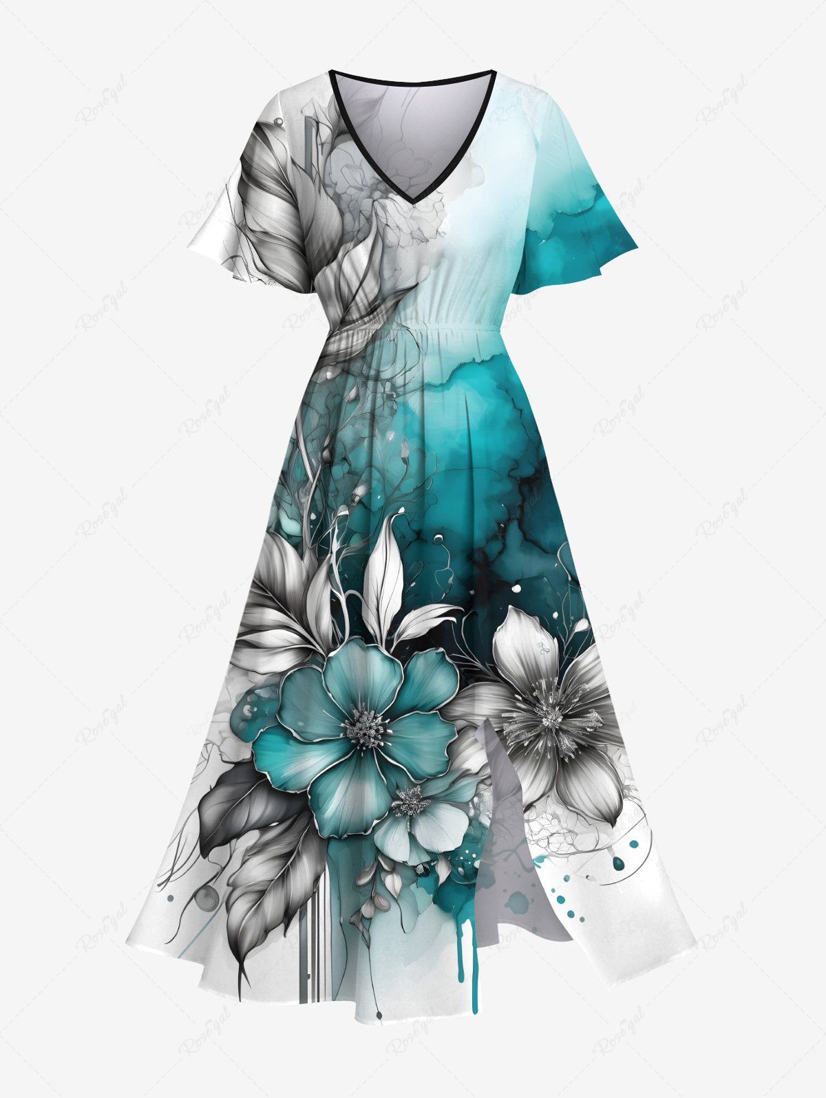 Fancy Plus Size Flower Leaf Ombre Colorblock Paint Drop Print Split Hawaii Midi Dress  