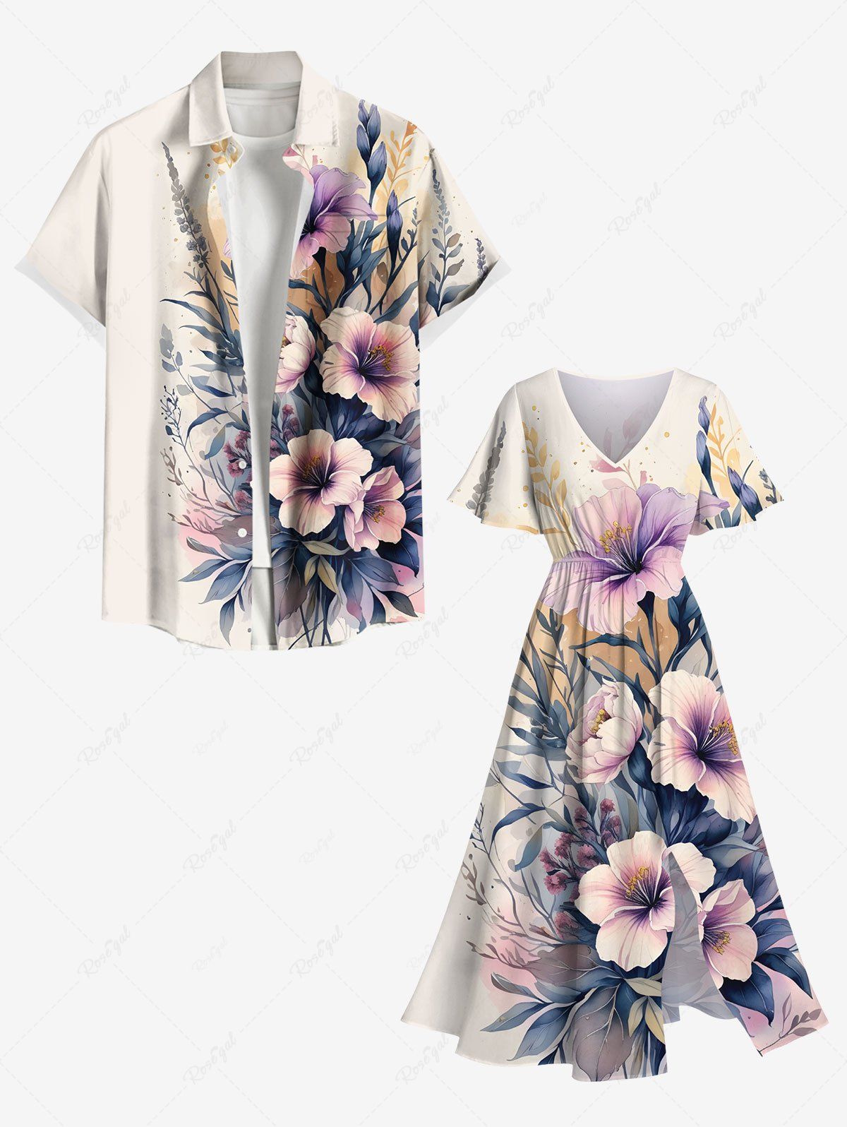 Sale Hibiscus Flowers Leaf Print Plus Size Matching Hawaii Beach Outfit For Couples  