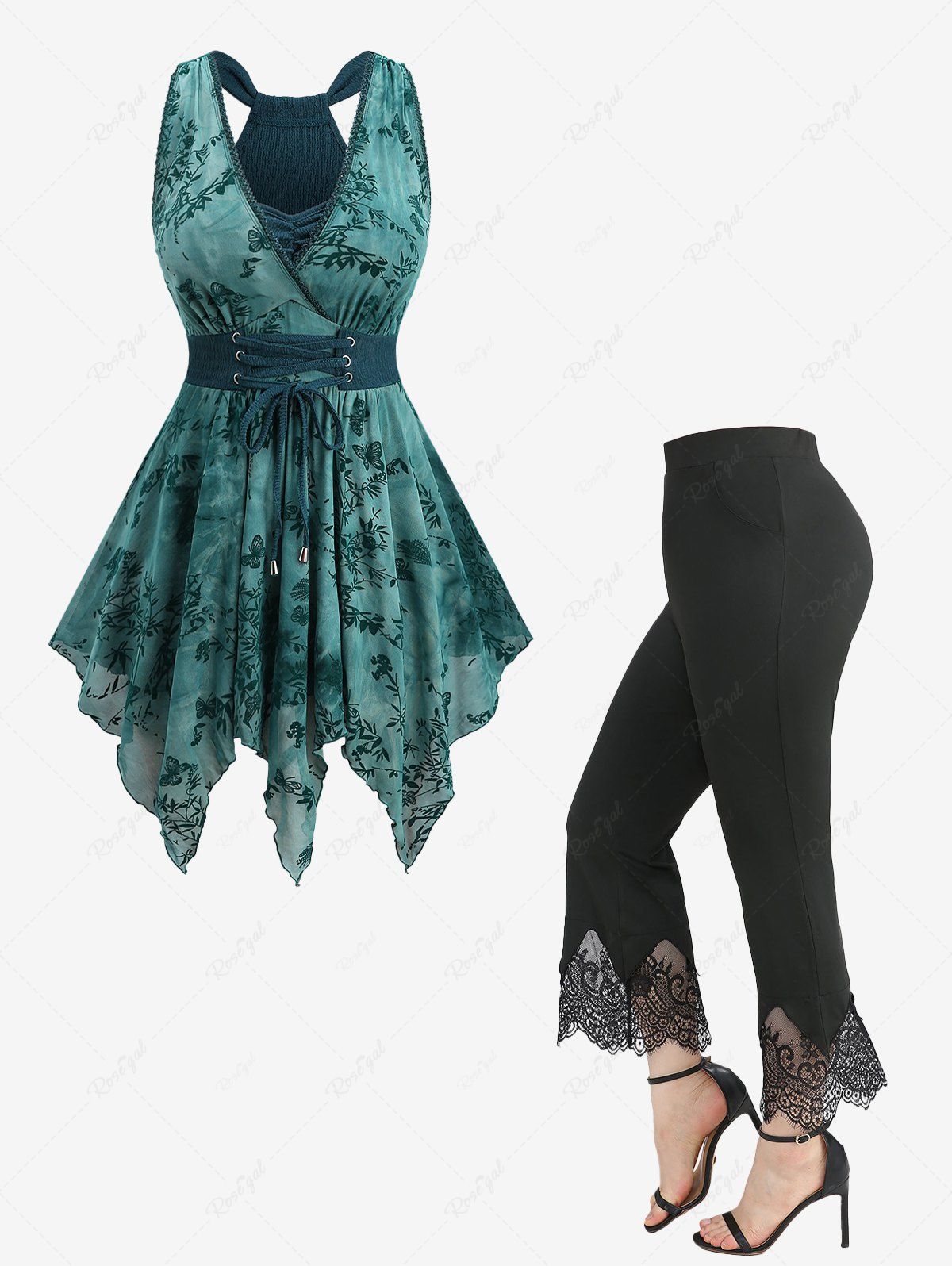 Shops Flowers Butterfly Flocking Lace-up Tank Top and Scalloped Tassel Lace Trim Flare Pants Plus Size Outfit  