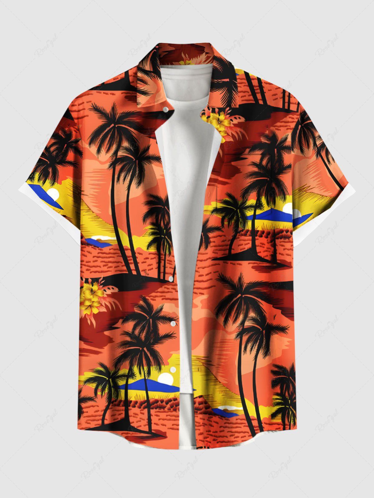Outfit Plus Size Coconut Tree Floral Sea Beach Print Hawaii Button Pocket Shirt For Men  