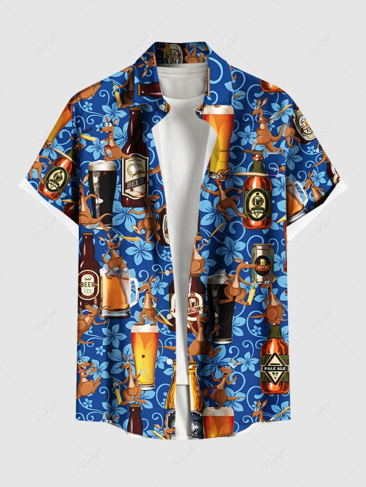Online Plus Size Beer Kangaroo Floral Print Hawaii Button Pocket Shirt For Men  