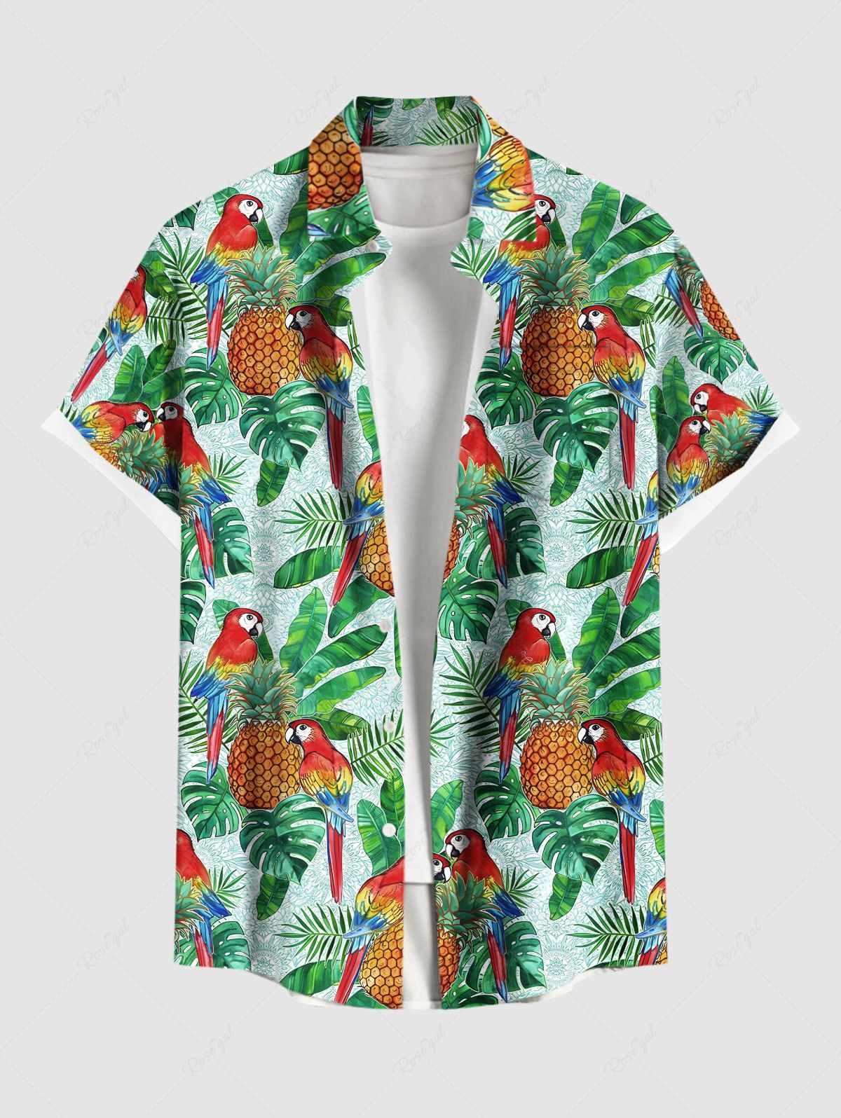 New Plus Size Tropical Leaves Pineapple Parrot Print Hawaii Button Pocket Shirt For Men  