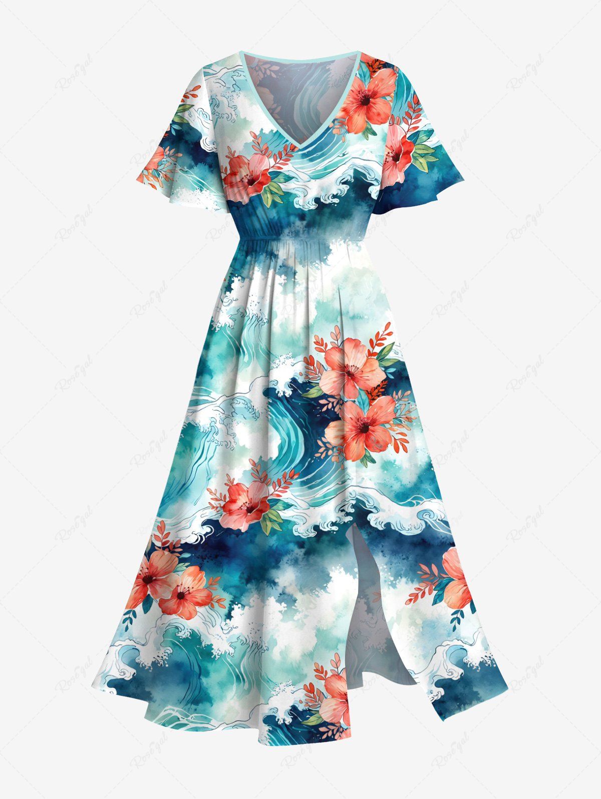 Online Plus Size Floral Ombre Sea Waves Print Hawaii Split Pocket A Line Midi Dress  