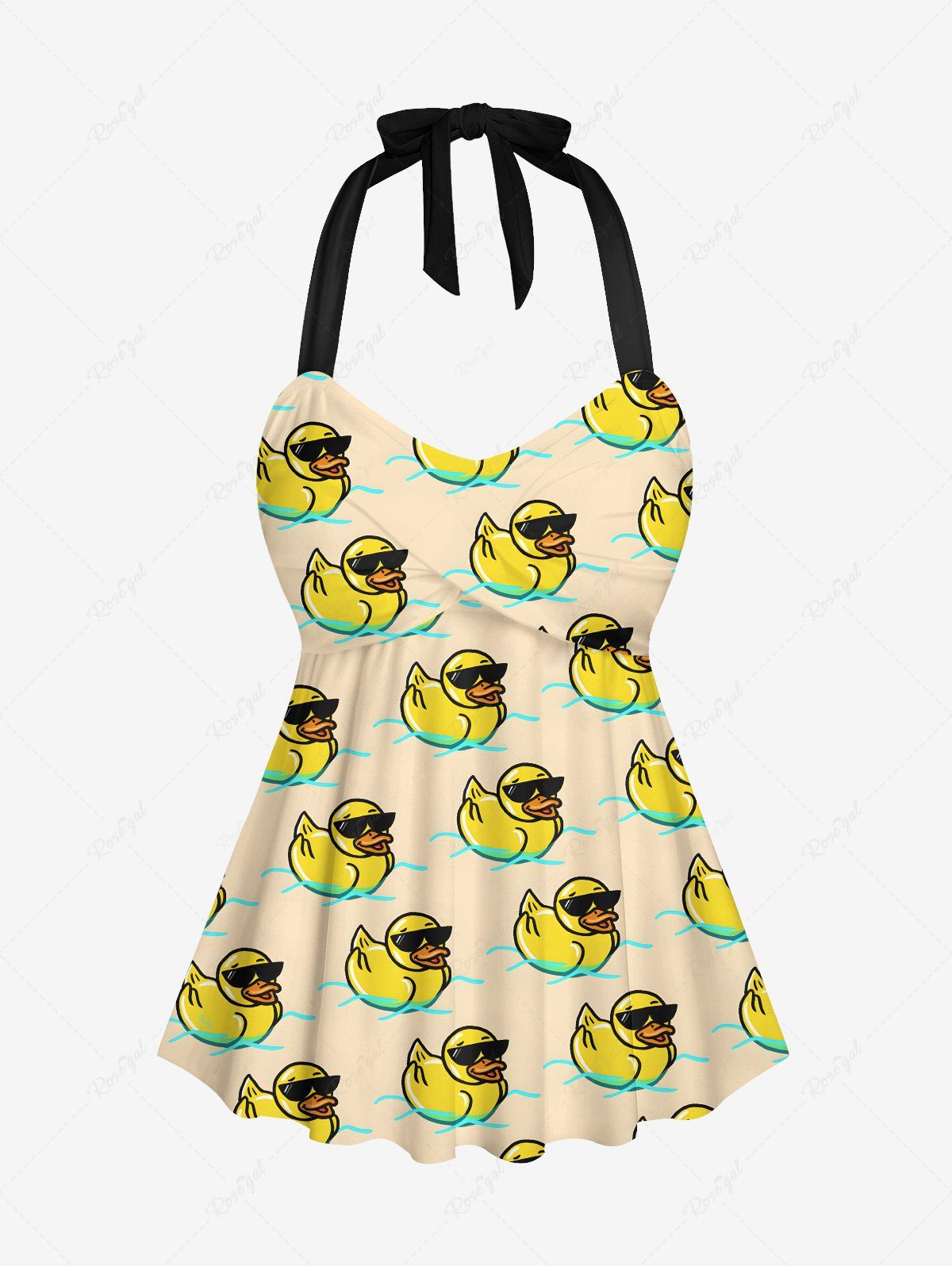 Haut de Tankini Tordu Canard Rivière Imprimé sans Dos à Col Halter Beige 4X