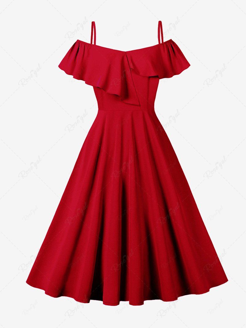 Online Solid Color Asymmetrical Turn Down Collar Zipper Cold Shoulder Vintage Dress  