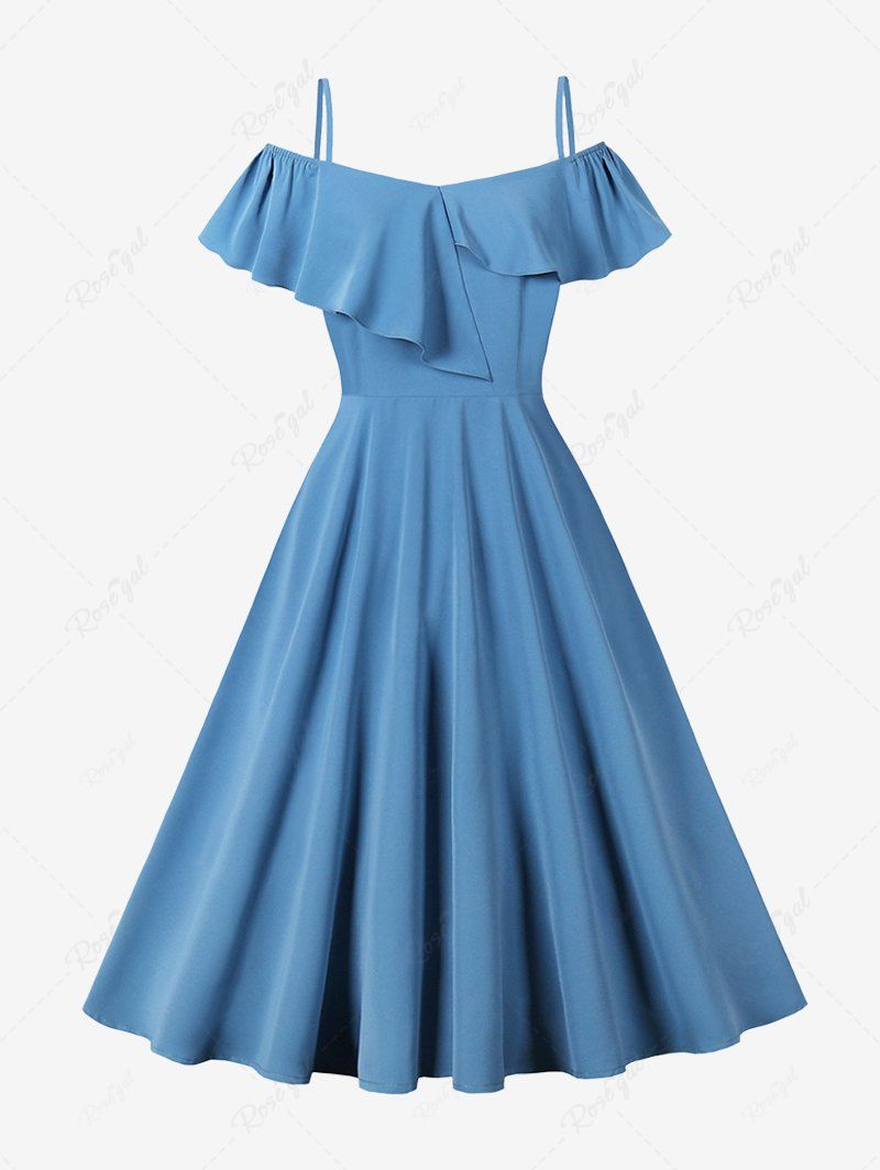 Fancy Solid Color Asymmetrical Turn Down Collar Zipper Cold Shoulder Vintage Dress  