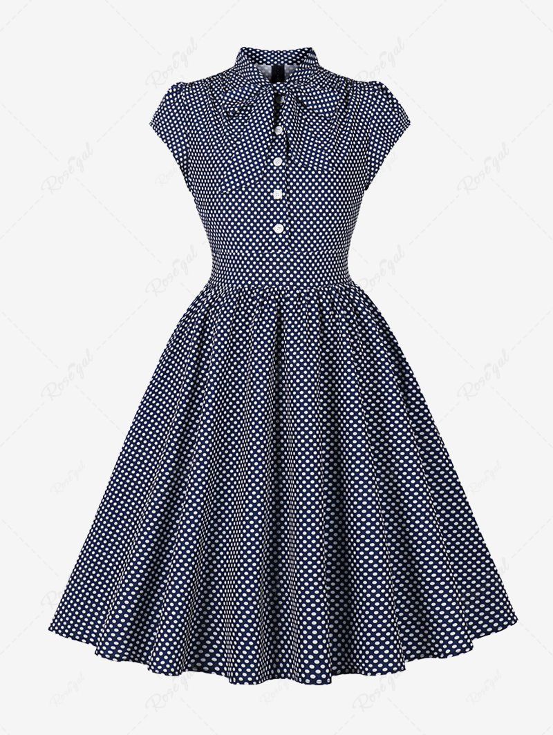 Trendy Polka Dot Print Buttons Bowknot Collar Vintage Dress  