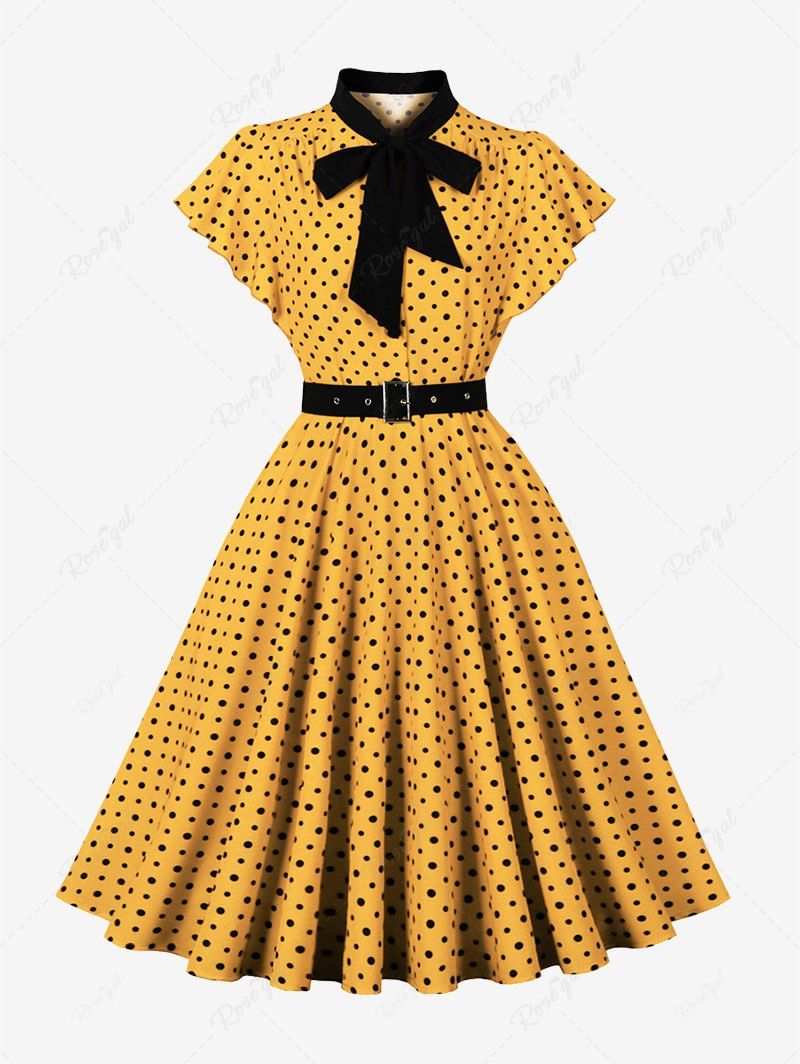 Fancy Polka Dot Print Buttons Tie Bowknot Flatter Sleeves Vintage Dress With Belt  