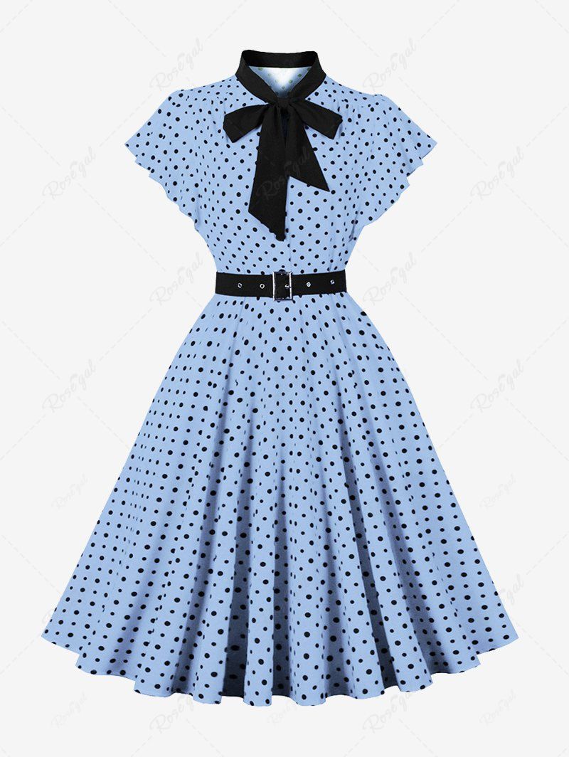 Latest Polka Dot Print Buttons Tie Bowknot Flatter Sleeves Vintage Dress With Belt  
