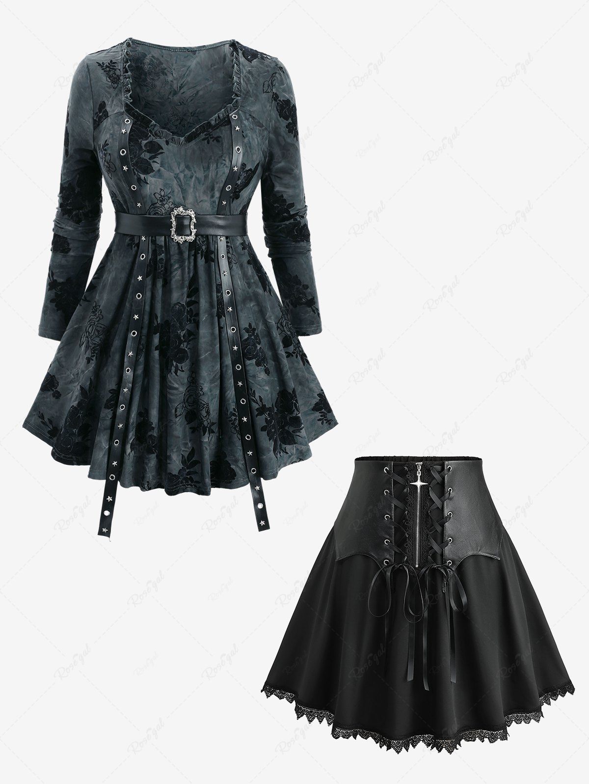 Online Rose Flower Flocking Tie Dye PU Strap Top and Scalloped Cross Zipper Lace-up Skirt Plus Size Outfit  