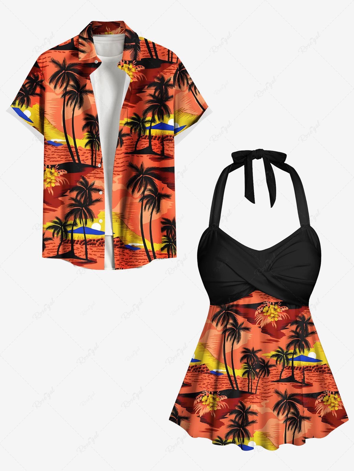 Hot Coconut Tree Floral Sea Beach Print Shirt Swimsuit Plus Size Matching Hawaii Beach Outfit For Couples  
