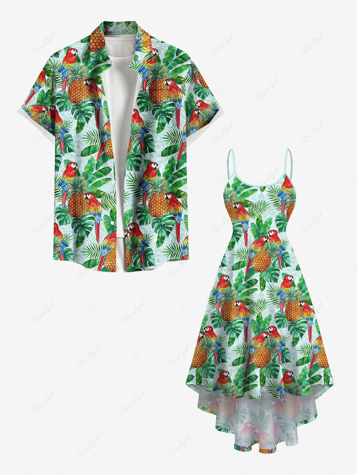 Sale Tropical Leaves Pineapple Parrot Print Plus Size Matching Hawaii Beach Outfit For Couples  