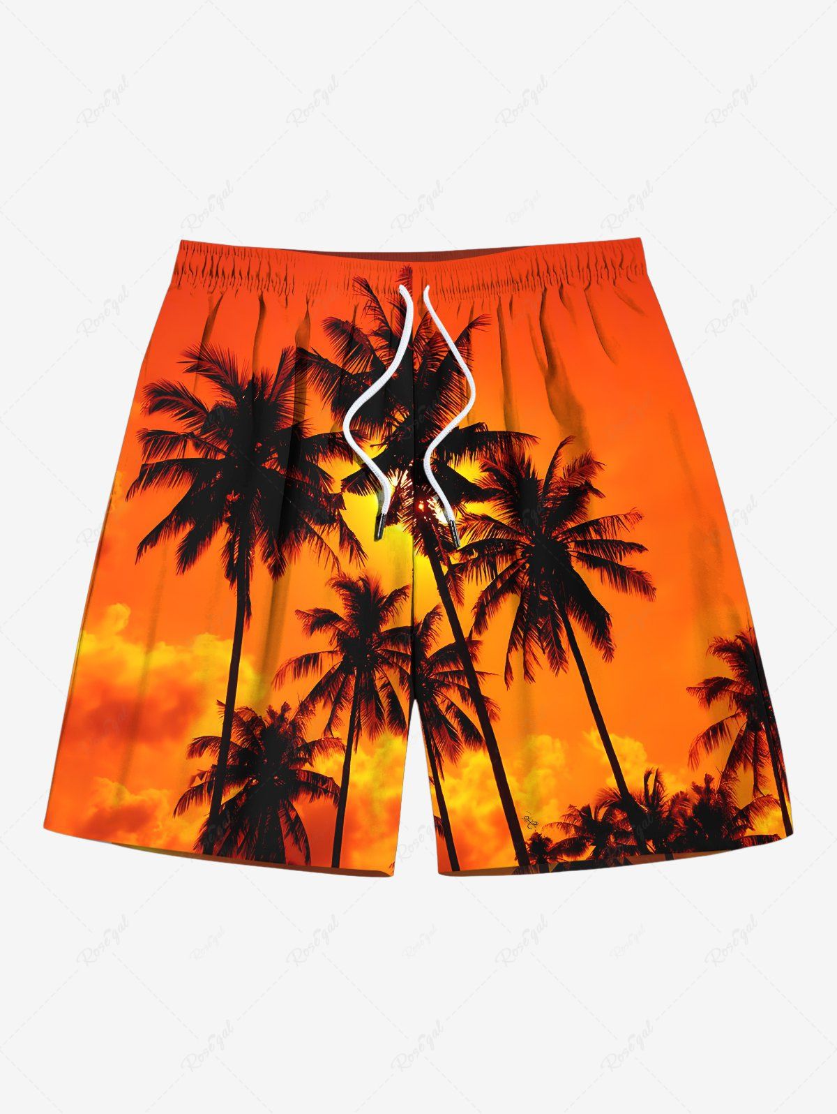 Affordable Plus Size Coconut Tree Ombre Dusk Print Hawaii Drawstring Beach Shorts For Men  